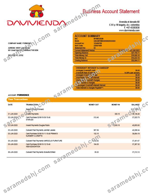 Davivienda Bank company checking account statement Word and PDF template